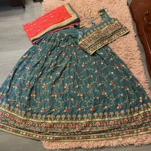 Sage green lehnga with colorful embroidery